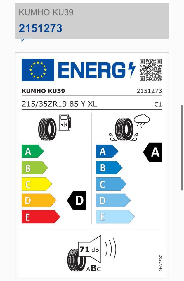 215/35R19 85Y XL KU39 KUMHO