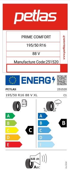 195/50R16 TL 88V XL PRIME COMFORT PETLAS