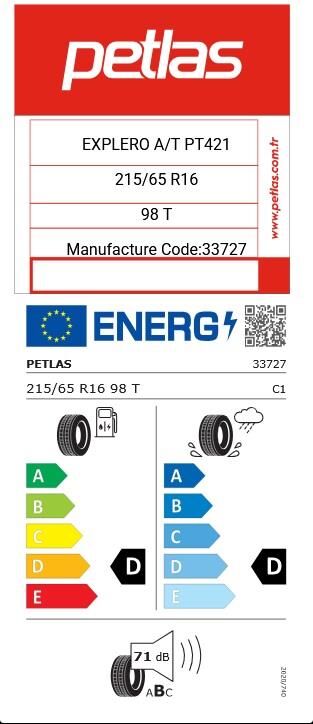 215/65R16 TL 98T (M+S) EXPLERO A/T PT421 PETLAS