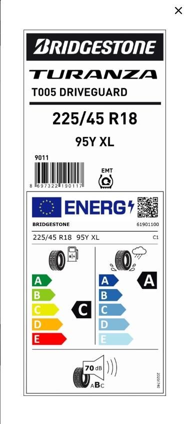 225/45R18 95Y XL T005 RFT EXT BRIDGESTONE