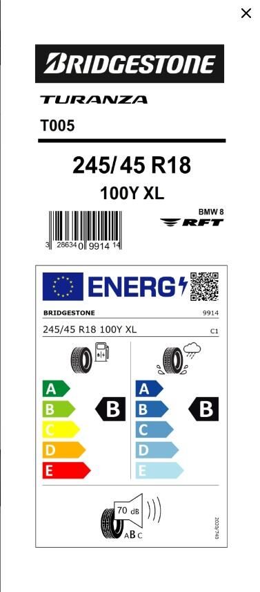 245/45R18 100Y XL TURANZA T005 DRIVEGUARD RFT BRIDGESTONE